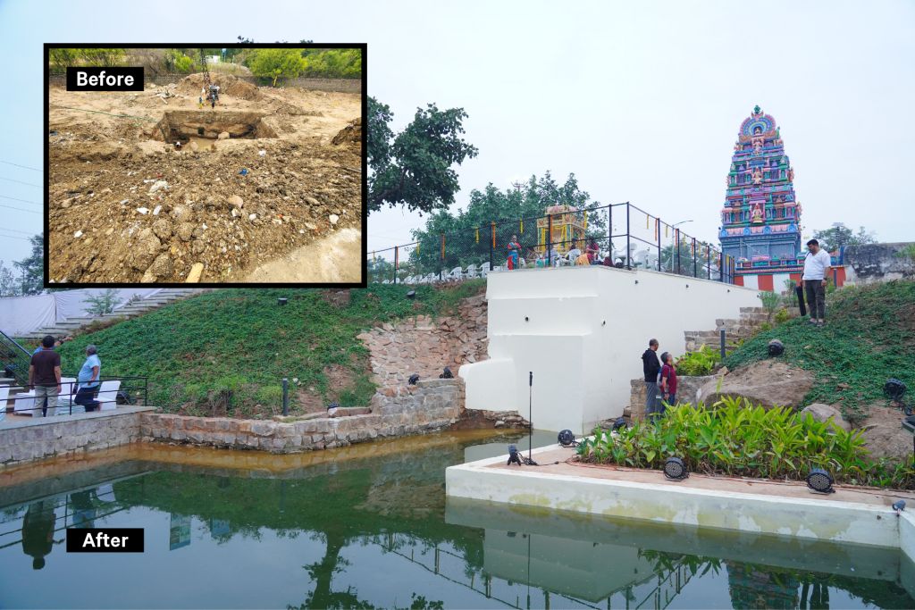 Before and after comparison of the historic Manchirevula stepwell restoration by Sai Life Sciences, showcasing transformation from a neglected site to a well-maintained water body near a temple.